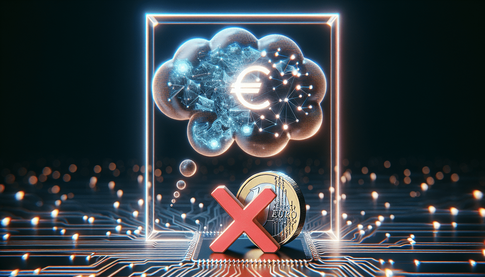 A large, transparent thought bubble containing an abstract representation of AI (circuitry, glowing nodes) juxtaposed with a small, stylized coin (euro sign) and a large, red "X" crossing it out, against a backdrop of digital streams. Clean, illustrative style, conveying a clear message of impossibility.
