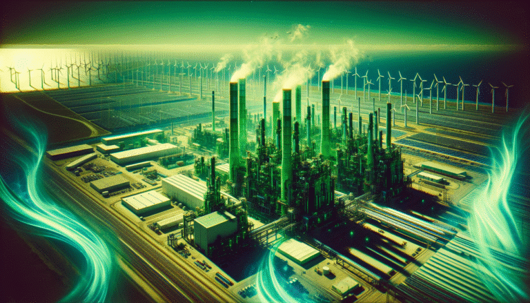 Une usine futuriste d'ammoniac vert avec des éoliennes et des panneaux solaires en arrière-plan, symbolisant l'énergie renouvelable. Des lignes de lumière bleue représentent les flux de données et l'IA optimisant les processus. Style hyperréaliste, teintes vertes et bleues, ambiance innovante.
