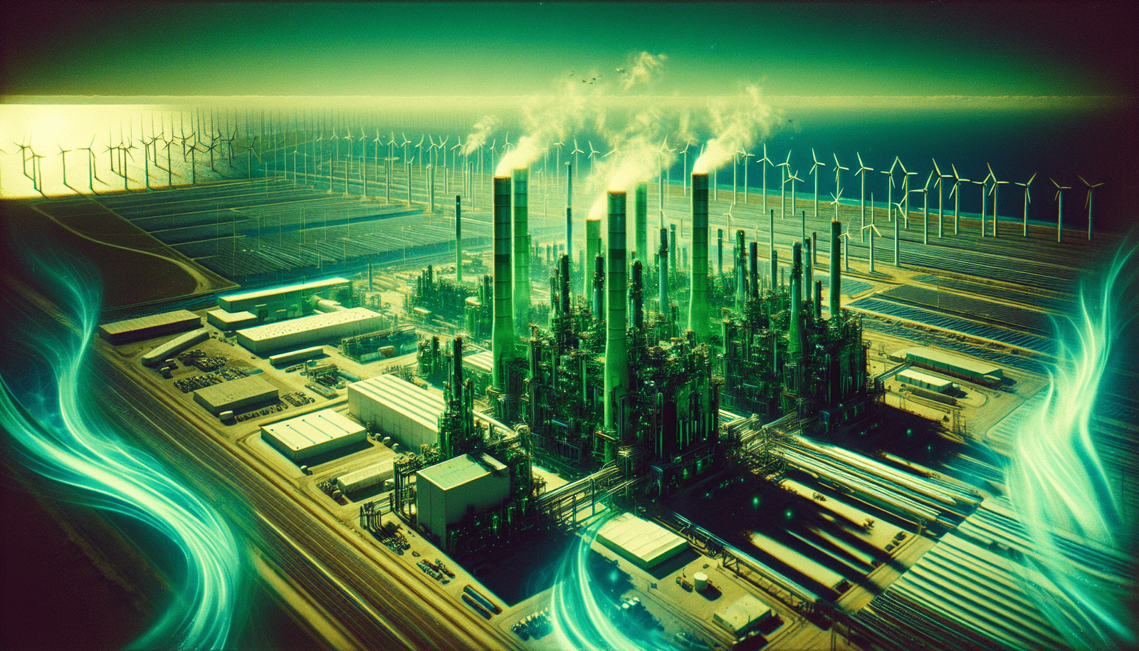 Une usine futuriste d'ammoniac vert avec des éoliennes et des panneaux solaires en arrière-plan, symbolisant l'énergie renouvelable. Des lignes de lumière bleue représentent les flux de données et l'IA optimisant les processus. Style hyperréaliste, teintes vertes et bleues, ambiance innovante.