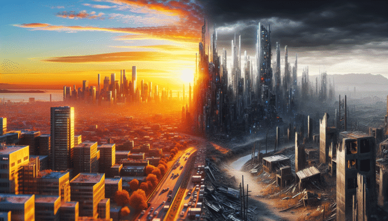 A digital landscape showing a vibrant, futuristic city on one side, gradually fading into a desolate, abandoned ruin on the other, symbolizing the promise and failure of AI projects. High contrast, cinematic lighting, conceptual art.