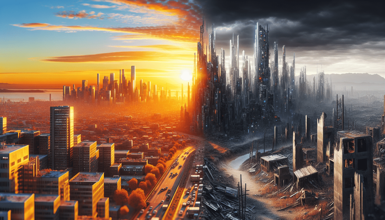 A digital landscape showing a vibrant, futuristic city on one side, gradually fading into a desolate, abandoned ruin on the other, symbolizing the promise and failure of AI projects. High contrast, cinematic lighting, conceptual art.