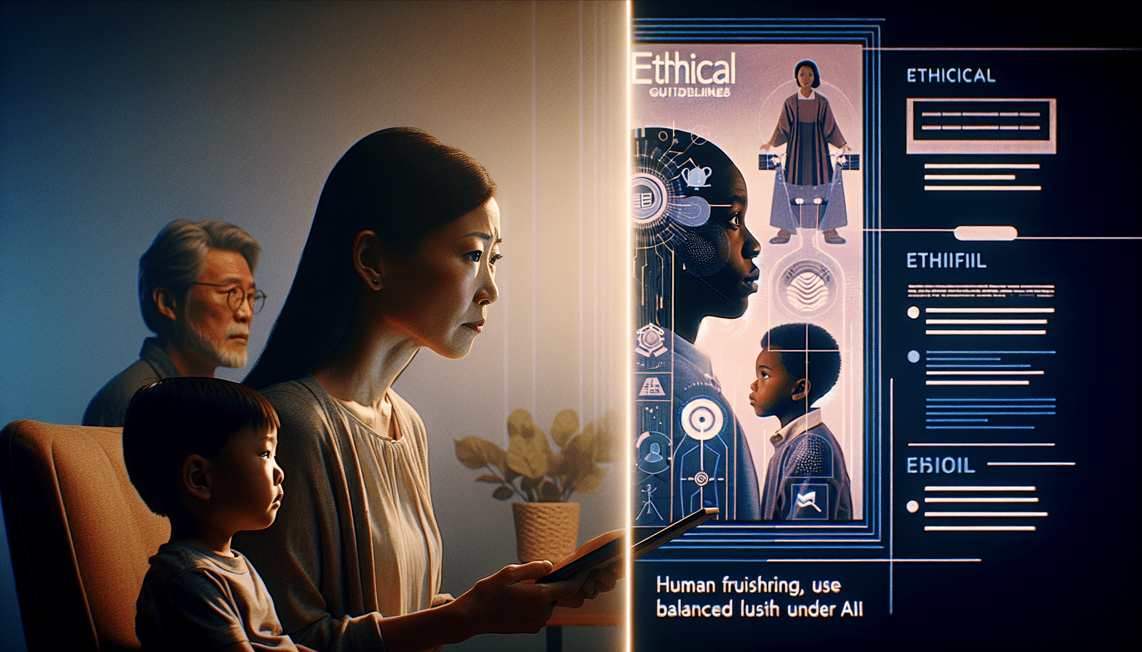 A split image showing on one side, a concerned parent looking at a child using a tablet with AI, conveying worry and uncertainty. On the other side, an abstract, positive representation of ethical guidelines, a teacher being trained on AI, and a child thriving through balanced technology use. Art style: modern, clean lines, contrasting emotions.