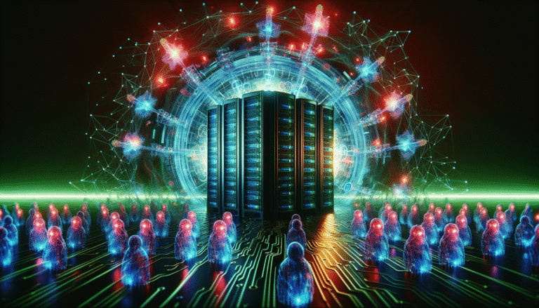 A futuristic digital shield made of intricate data streams and glowing lines, protecting a network of interconnected servers from a swarm of aggressive, shadowy digital threats. The shield is vibrant blue and green, the threats are dark red and purple. Dynamic and high-tech feel.