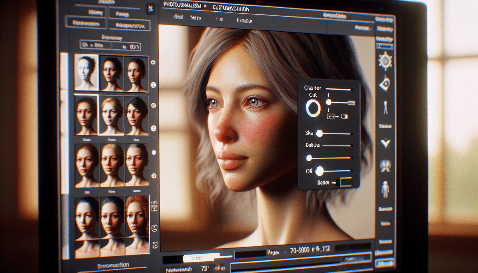 Une interface utilisateur de Candy AI montrant des options de personnalisation d'un avatar féminin virtuel, avec des curseurs pour ajuster les traits du visage, les coiffures et les tenues. Style moderne, clair et interactif.