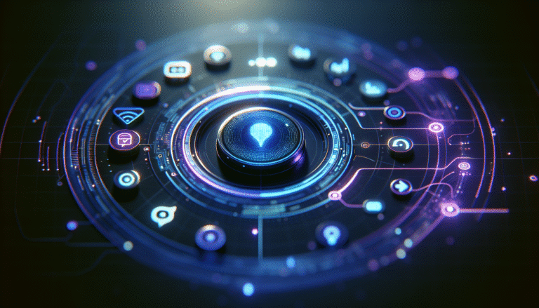 Une interface utilisateur futuriste et élégante de Claude AI, affichant des icônes de petites applications IA flottant autour d'un chat, avec des lignes de code subtiles en arrière-plan. Style : minimaliste, high-tech, tons bleus et violets lumineux, futuriste.