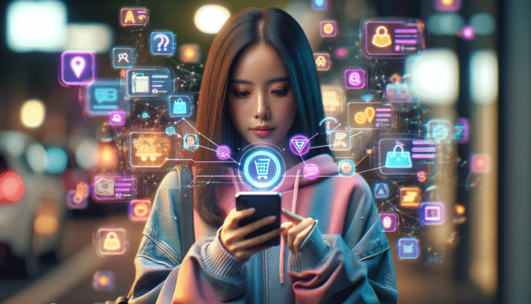Un étudiant moderne utilisant ChatGPT sur son smartphone pour comparer des produits, avec des icônes de shopping et d'IA flottant autour de lui, couleurs vives, style futuriste et engageant, fond flou d'une interface de shopping en ligne.