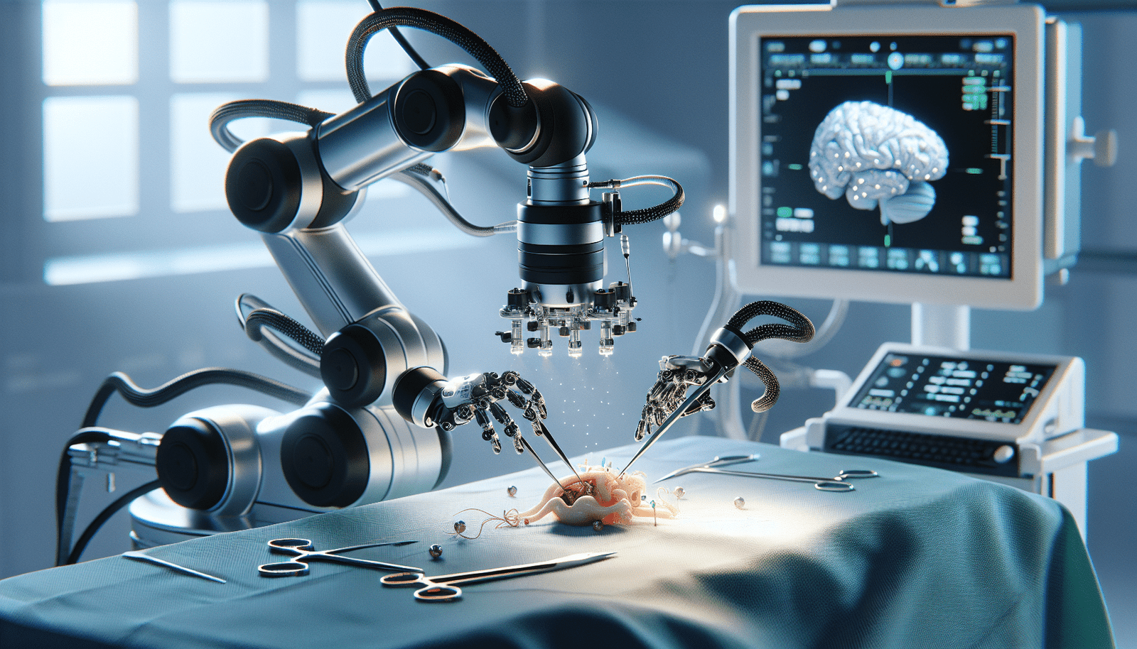Un bras robotique chirurgical Da Vinci noir et chrome, effectuant une opération délicate avec une précision extrême, des instruments miniatures manipulant des tissus organiques sur une table d'opération stérile, avec des écrans affichant des visualisations 3D détaillées pour le chirurgien, ambiance de bloc opératoire moderne et high-tech.