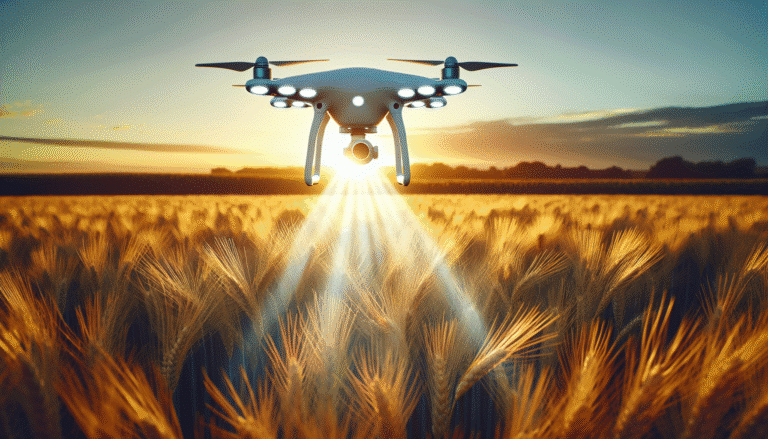 Un drone agricole futuriste survolant un champ de blé doré au lever du soleil, avec des capteurs lumineux émettant des faisceaux de lumière douce sur les cultures. L'image doit être vibrante et optimiste, symbolisant l'innovation et la prospérité agricole.