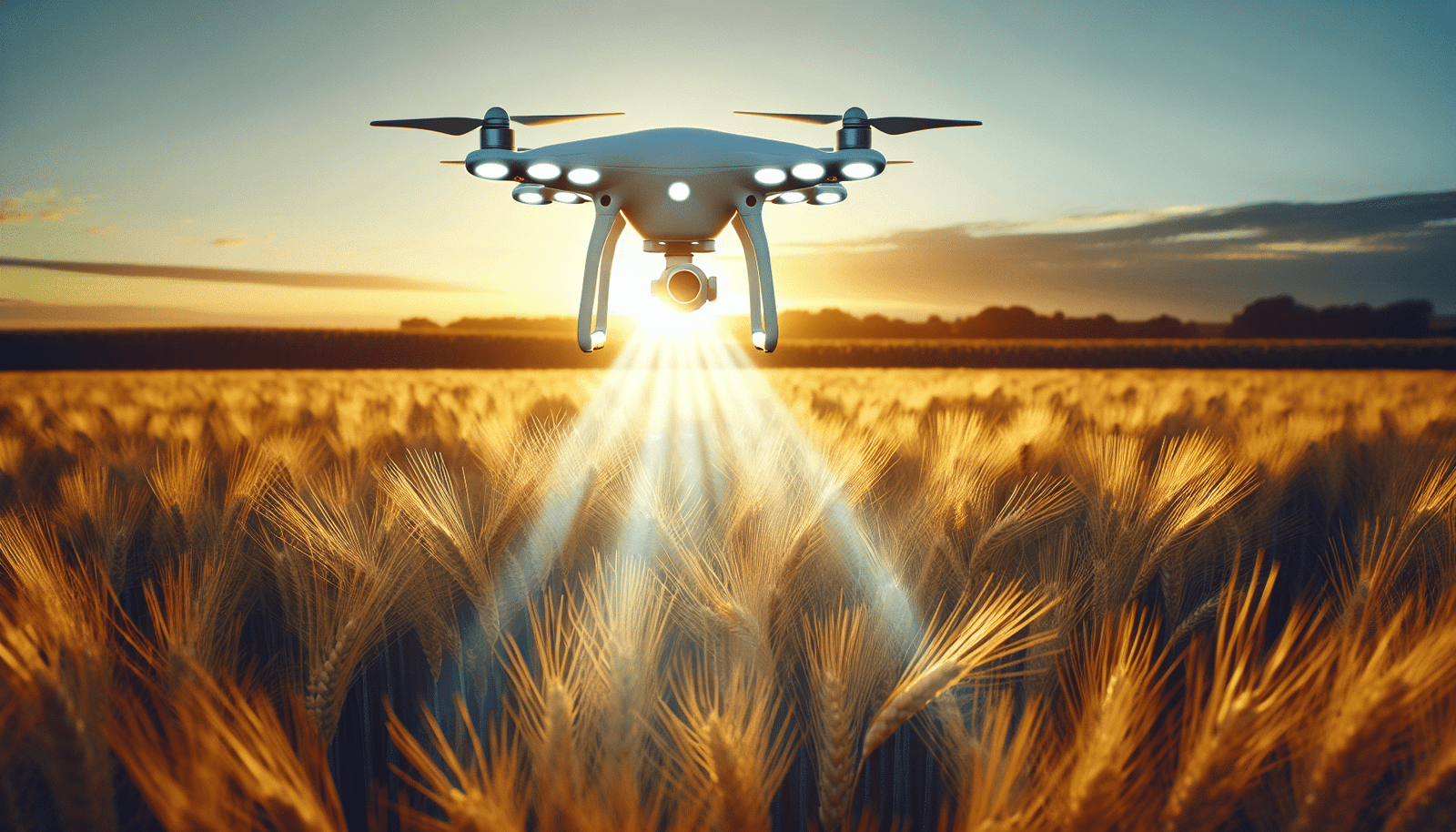 Un drone agricole futuriste survolant un champ de blé doré au lever du soleil, avec des capteurs lumineux émettant des faisceaux de lumière douce sur les cultures. L'image doit être vibrante et optimiste, symbolisant l'innovation et la prospérité agricole.