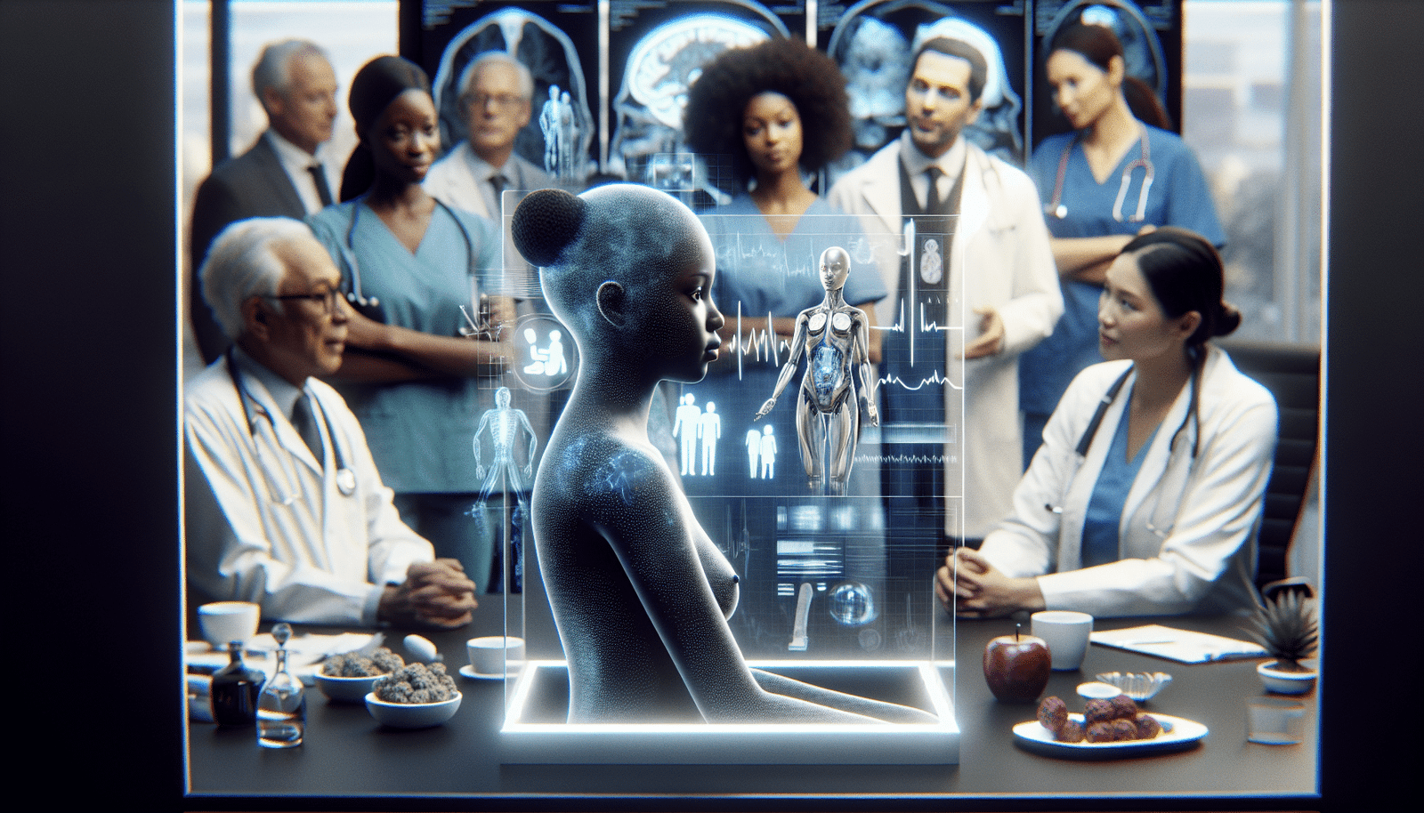 A sophisticated AI system displayed on a transparent screen, overlaid with medical data visualizations, illustrating its use in healthcare. In the background, a diverse group of medical professionals and researchers are discussing. Clean, precise, and subtly futuristic, emphasizing responsible AI in health.