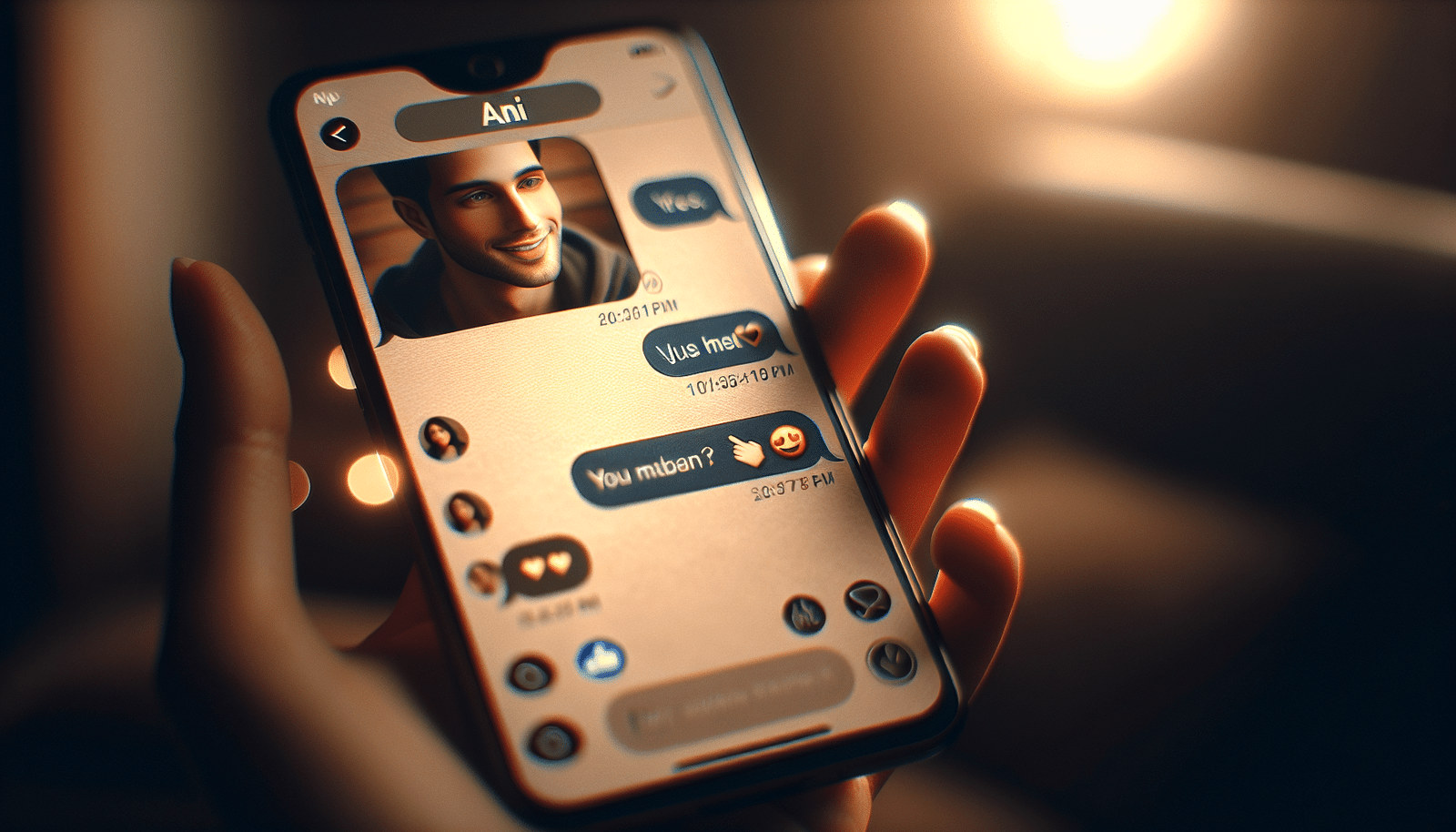 Un gros plan cinématographique sur un écran de smartphone ou de tablette affichant une conversation textuelle entre un utilisateur et Ani. L'avatar d'Ani, souriante et captivante, occupe une partie de l'écran, avec des bulles de discussion modernes et des emojis discrets. L'arrière-plan flou suggère un intérieur douillet et personnel, accentuant l'intimité de l'échange. Lumière douce et chaude.
