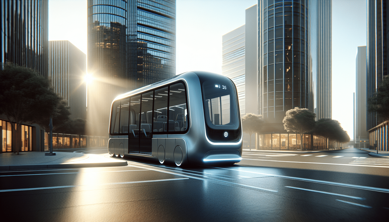 A sleek, modern autonomous bus driving smoothly on a city street, with no visible driver, surrounded by futuristic urban architecture and clean public spaces. The bus should have a subtle RATP branding, cinematic lighting.