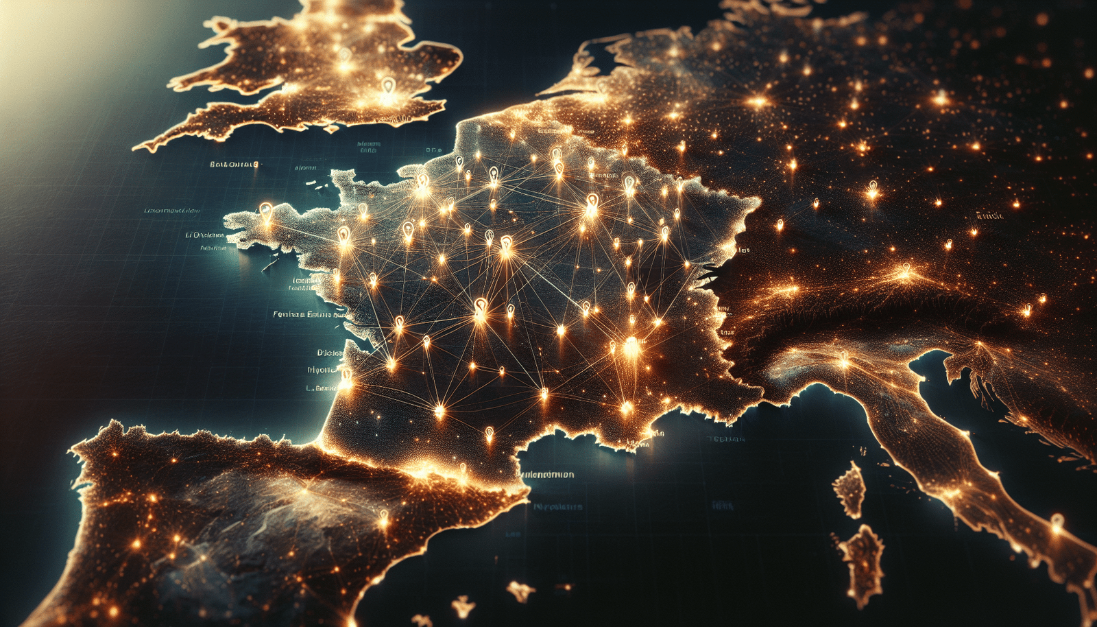 A stylized map of France with glowing points representing innovative AI startups and investment flows, connecting to larger economic hubs. Modern, dynamic, digital art style.