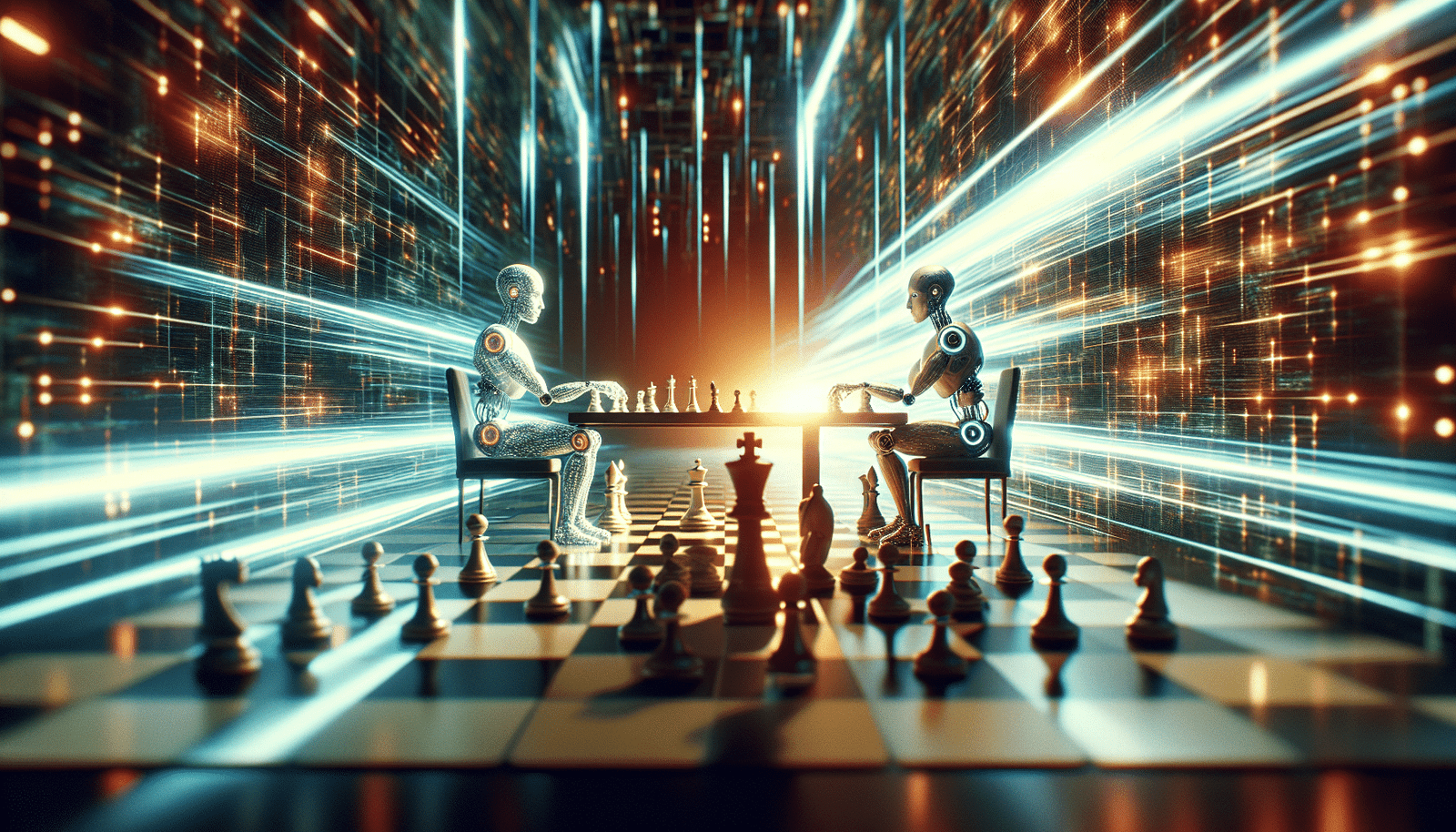 A visual representation of a competitive AI landscape. Two distinct, stylized AI brains or digital entities (one representing Anthropic, another OpenAI) engaged in a futuristic, high-stakes race or chess match. The background should be a complex network of data, symbolizing the generative AI market, with dynamic light trails suggesting innovation and speed. Focus on a sense of dynamic rivalry.