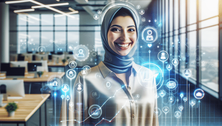 Un chef d'entreprise de PME souriant, debout dans un bureau moderne et lumineux, entouré d'hologrammes interactifs représentant des graphiques de productivité en hausse, des tâches automatisées symbolisées par des robots amicaux et des lignes de communication fluide avec des clients. L'ambiance est optimiste et futuriste, montrant l'intégration harmonieuse de l'IA dans un environnement de travail humain. Lumière vive, couleurs vives.