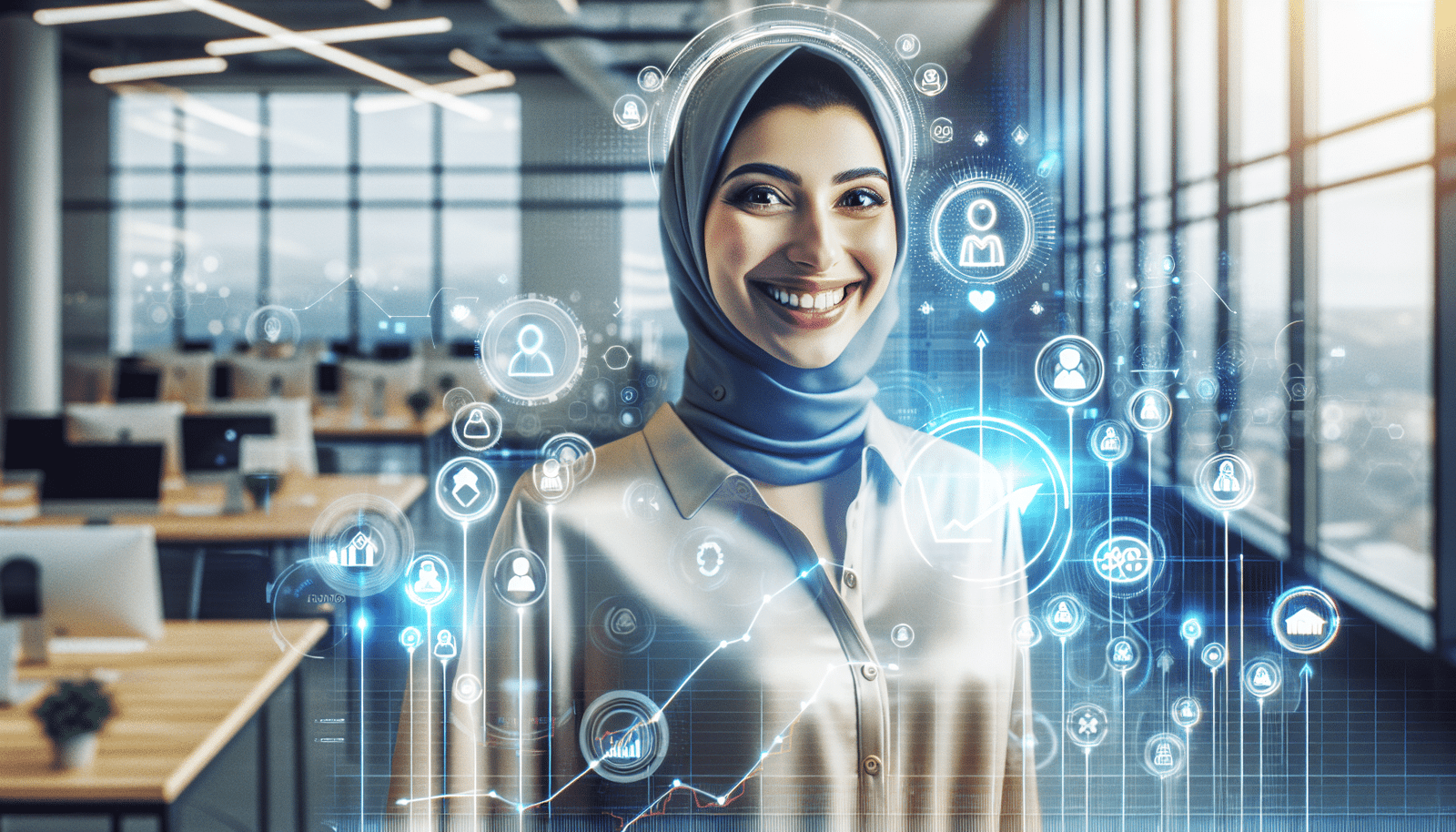 Un chef d'entreprise de PME souriant, debout dans un bureau moderne et lumineux, entouré d'hologrammes interactifs représentant des graphiques de productivité en hausse, des tâches automatisées symbolisées par des robots amicaux et des lignes de communication fluide avec des clients. L'ambiance est optimiste et futuriste, montrant l'intégration harmonieuse de l'IA dans un environnement de travail humain. Lumière vive, couleurs vives.