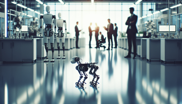 Dynamic shot of various Unitree robots (quadrupeds and humanoids) in a modern, brightly lit lab, with blurred silhouettes of investors and business people in the background, symbolizing innovation and investment. High-tech, futuristic, corporate feel.