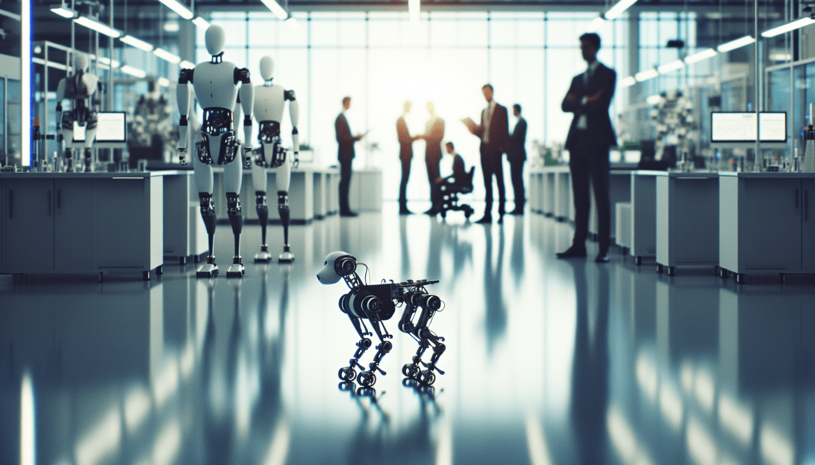 Dynamic shot of various Unitree robots (quadrupeds and humanoids) in a modern, brightly lit lab, with blurred silhouettes of investors and business people in the background, symbolizing innovation and investment. High-tech, futuristic, corporate feel.