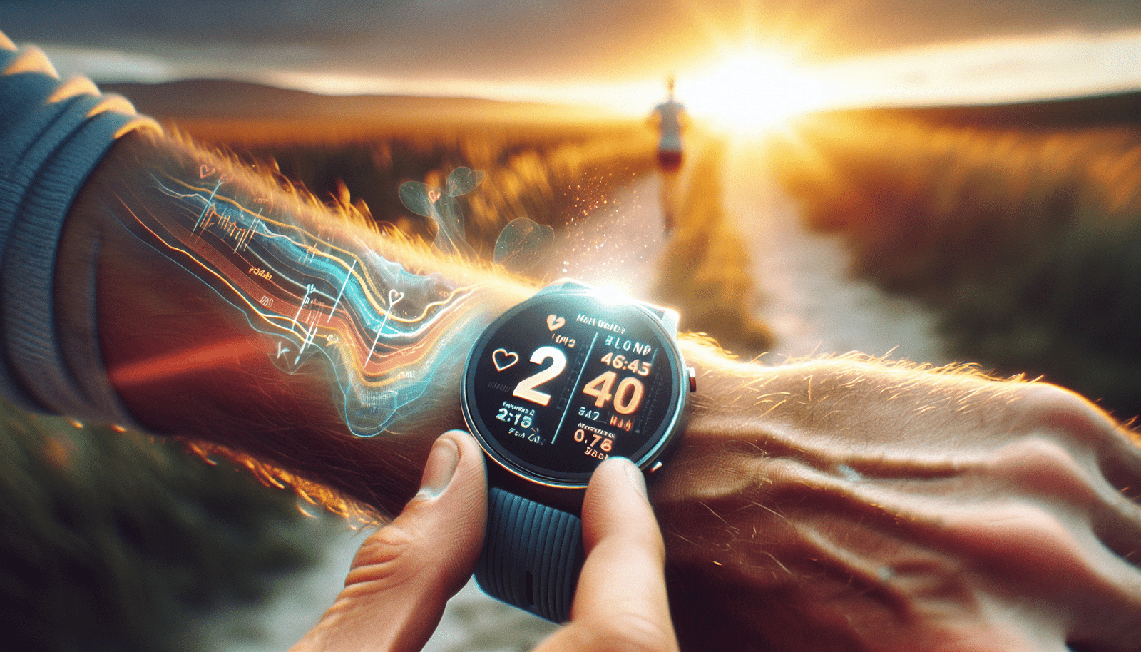 Close-up of a runner's wrist wearing a smartwatch, with a dynamic, holographic display projecting detailed running data (heart rate zones, pace graph, route map) in front of them. The runner is in motion on a scenic trail at dawn. Emphasize data visualization, futuristic technology, and personal optimization. Style: vibrant, ethereal, motion blur, UI/UX elements, deep focus on the watch and data.
