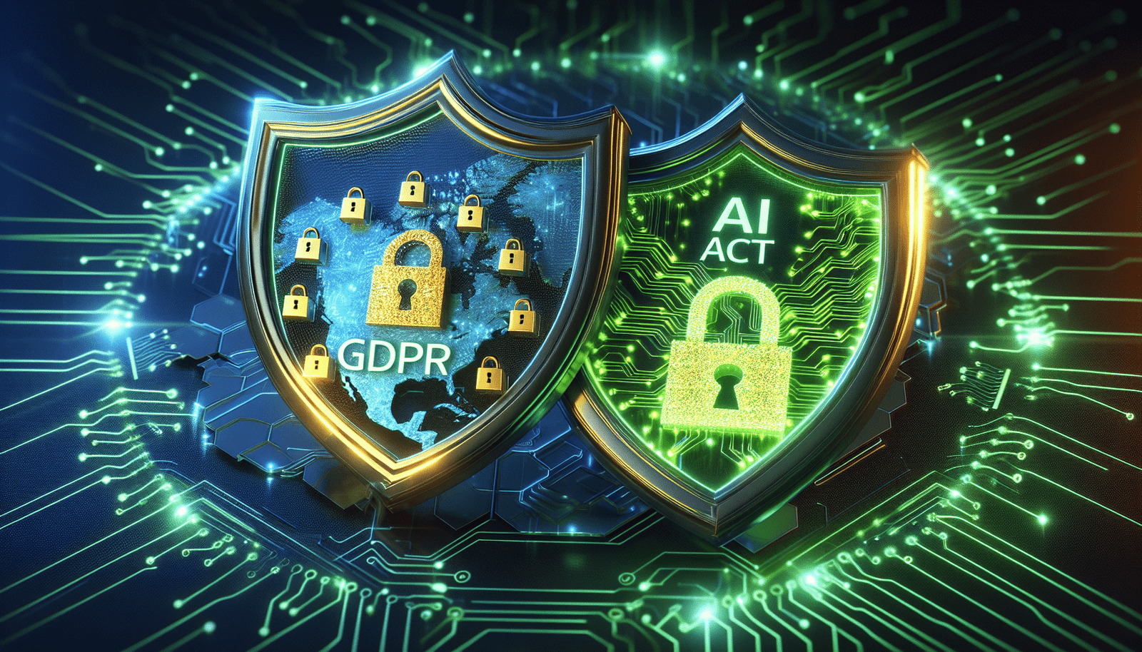 Deux boucliers stylisés, l'un marqué "RGPD" avec des symboles de cadenas dorés, l'autre "AI Act" avec des circuits imprimés verts lumineux, se croisant devant une carte de l'Europe stylisée et légèrement transparente. Le fond est un réseau numérique lumineux, symbolisant la protection légale contre les menaces numériques. Style moderne, éclairage dynamique, couleurs bleues et vertes vives.