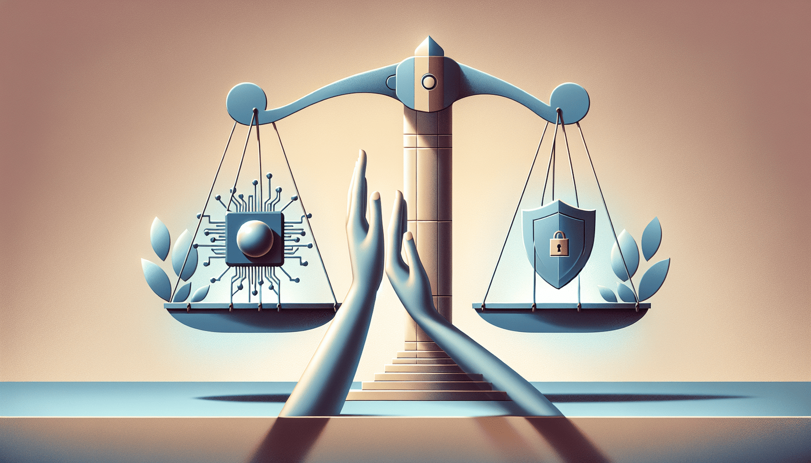 A conceptual, minimalist illustration of a perfectly balanced scale. On one side, a gleaming, stylized AI chip. On the other, a protective digital shield icon with a subtle lock, representing data privacy. Above the scale, two abstract hands, one corporate, one user, are gently adjusting weights, symbolizing the ongoing dialogue and delicate balance. Clean, modern art style with soft, contrasting colors.