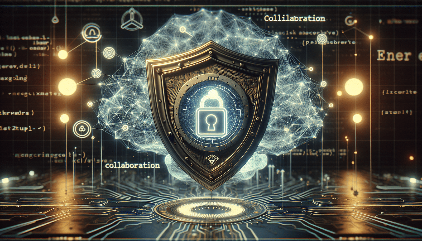 Un bouclier stylisé avec le logo d'une lune et un symbole de cadenas, entouré de lignes de code et de flèches de collaboration, représentant la sécurité, la robustesse et la collaboration dans le domaine de l'IA, sur un fond abstrait de réseau neuronal.