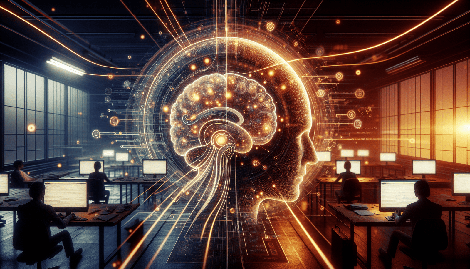An abstract, artistic depiction of a seamless brain-computer interface where thoughts and questions manifest as digital queries on a web page. Glowing lines connect keywords and concepts, illustrating the "navigation to cognition" paradigm shift. Soft, intelligent lighting.
