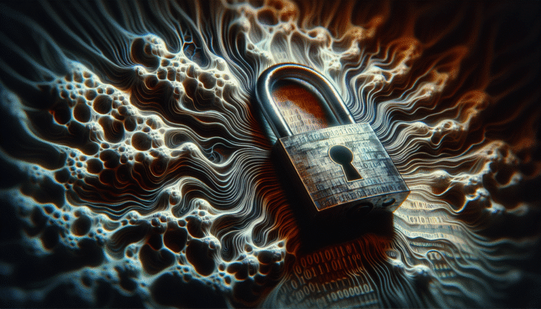 A stark, digital abstract image depicting a padlock superimposed over a neural network, with binary code subtly visible, symbolizing the legal challenges and security issues surrounding AI-generated content. Dark, serious tones, high contrast.