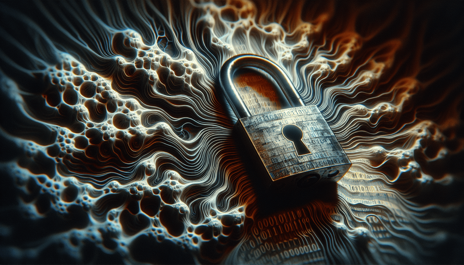 A stark, digital abstract image depicting a padlock superimposed over a neural network, with binary code subtly visible, symbolizing the legal challenges and security issues surrounding AI-generated content. Dark, serious tones, high contrast.