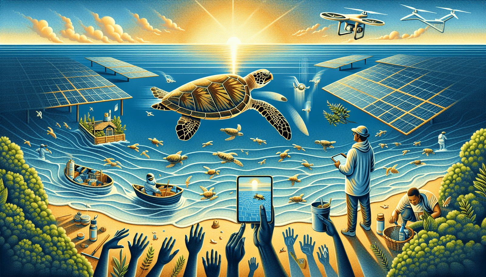 Une mosaïque visuelle représentant diverses facettes de la conservation des tortues marines : une plage protégée avec des panneaux solaires discrets, un drone de surveillance discret volant au-dessus d'une eau cristalline, un scientifique observant une tortue à distance avec une tablette connectée, et des mains humaines nettoyant des plages. Au centre, une tortue marine nage paisiblement, symbolisant le succès des efforts combinés d'IA et d'actions traditionnelles. Le style est lumineux et optimiste.