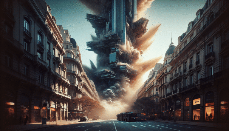 Une scène cinématographique spectaculaire d'un gratte-ciel futuriste s'effondrant de manière hyperréaliste, avec des débris et de la poussière volant dans un nuage apocalyptique sur une rue animée de Buenos Aires, vue dynamique, ambiance sombre et dramatique, style science-fiction. La scène doit clairement montrer des éléments générés par IA avec une fidélité incroyable. Effets Visuels IA, Cinéma, Catastrophe Urbaine, The Eternaut.