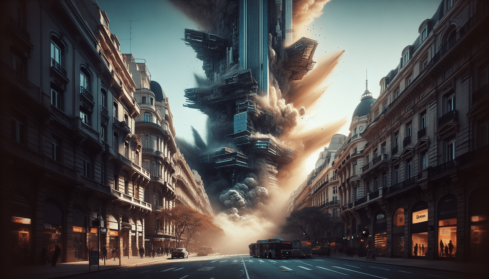 Une scène cinématographique spectaculaire d'un gratte-ciel futuriste s'effondrant de manière hyperréaliste, avec des débris et de la poussière volant dans un nuage apocalyptique sur une rue animée de Buenos Aires, vue dynamique, ambiance sombre et dramatique, style science-fiction. La scène doit clairement montrer des éléments générés par IA avec une fidélité incroyable. Effets Visuels IA, Cinéma, Catastrophe Urbaine, The Eternaut.