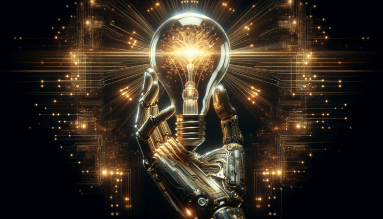 Une main robotique futuriste tenant une ampoule électrique brillante, avec des circuits intégrés visibles, symbolisant la connexion entre l'IA et l'énergie, sur un fond de données lumineuses et de diagrammes énergétiques. Style moderne, lumineux, haute technologie, couleurs électriques.