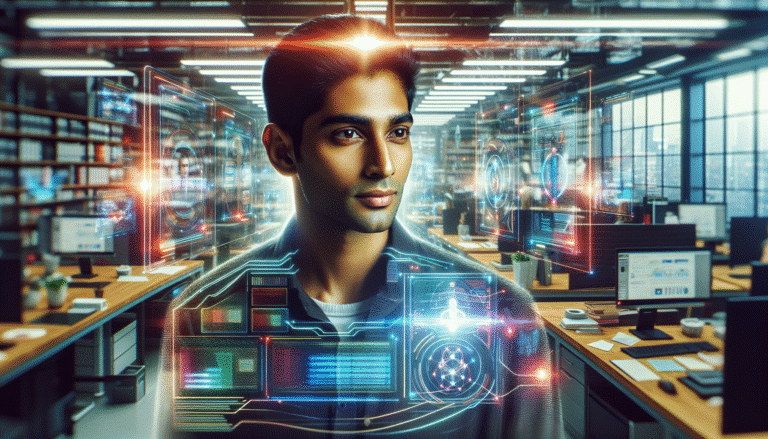 A futuristic office worker smiling confidently, surrounded by holographic interfaces displaying Microsoft 365 apps (Word, Excel, PowerPoint, Outlook) seamlessly connected by glowing lines representing AI. The overall atmosphere is efficient and collaborative, with a subtle glow around the worker, symbolizing enhanced productivity. Style: Digital art, vibrant colors, clean design.