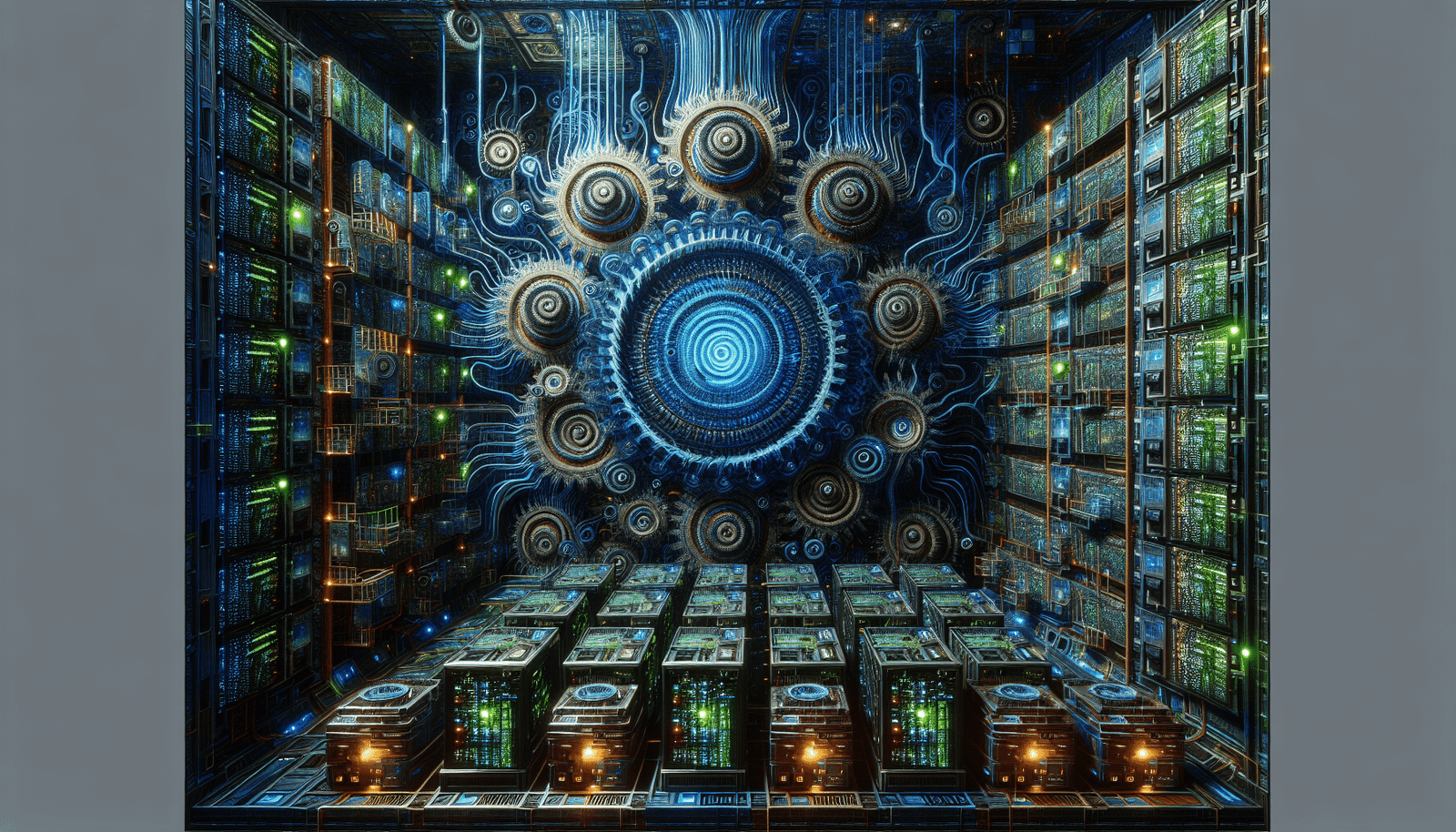 Une représentation visuelle abstraite des complexités techniques de l'IA, avec des lignes de code se transformant en un réseau neuronal fractal et des engrenages géants tournant autour de serveurs lumineux. Des icônes de sécurité et de contrôle sont subtilement intégrées dans le design. Couleurs bleues et vertes vives, ambiance technologique avancée.