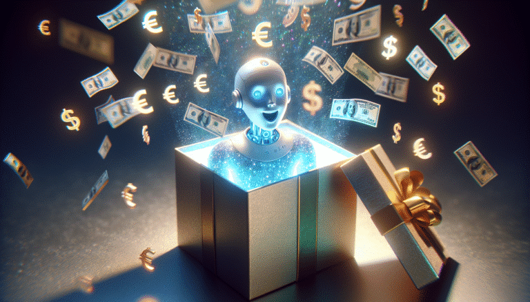 Un assistant IA holographique joyeux sortant d'une petite boîte cadeau ouverte, avec des symboles monétaires (euros, dollars) s'échappant de la boîte. L'ambiance est futuriste et légèrement irréelle, suggérant un rêve plus qu'une réalité.