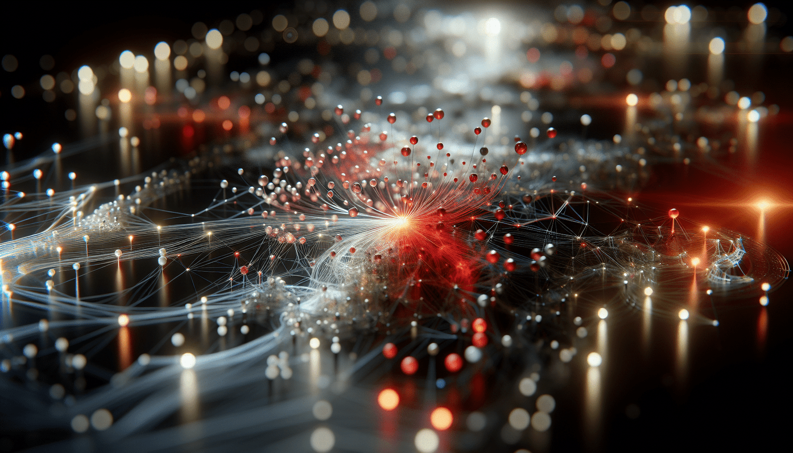Abstract representation of AI in action: a network of glowing nodes and lines, with data flowing rapidly, detecting a red, irregular anomaly. Futuristic, clean interface design.