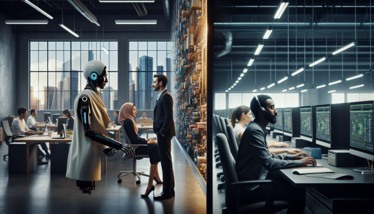 Une image conceptuelle divisée en deux moitiés. Côté gauche: des humains travaillant en harmonie avec des IA lumineuses et intégrées dans des environnements modernes, symbolisant la collaboration, des bureaux connectés et innovants. Côté droit: des robots effectuant des tâches répétitives dans des usines automatisées et des centres d'appels vides, avec des silhouettes humaines en arrière-plan semblant observer ou être marginalisées, symbolisant l'automatisation et la polarisation. Style futuriste, contrasté, avec des couleurs vives à gauche et plus froides, métalliques à droite.