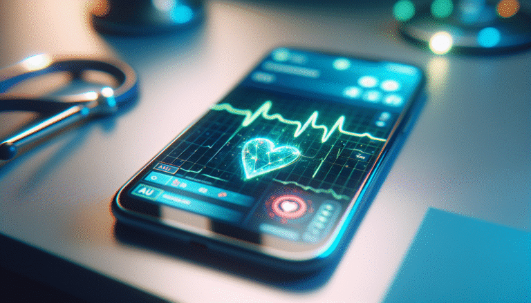 Un smartphone ou une montre connectée affichant un ECG stylisé avec des lignes lumineuses représentant l'IA détectant des anomalies subtiles. L'arrière-plan est flou, symbolisant une salle de consultation médicale futuriste. Couleurs bleues et vertes vives, ambiance technologique et rassurante.