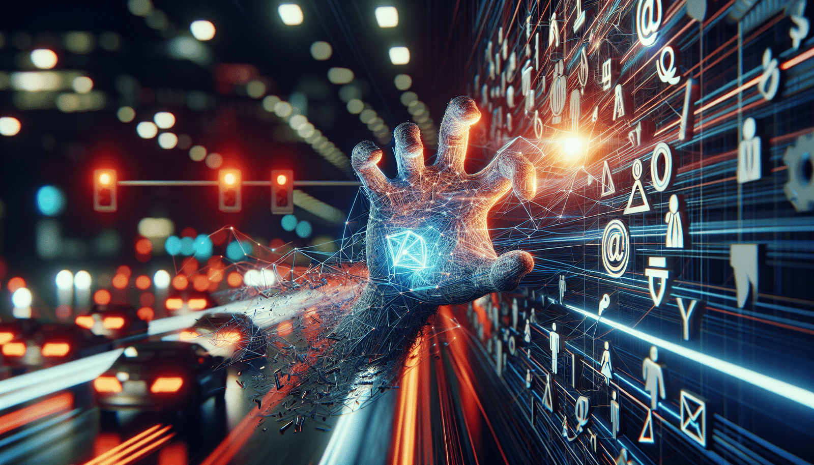 Une main puissante (symbolisant Meta ou l'innovation rapide) essayant de repousser des mailles de régulations numériques et des symboles de loi (représentant le code de l'UE et l'AI Act) qui menacent de l'entraver. Le fond est dynamique et flou, suggérant une vitesse d'innovation freinée. Des lumières vives et des néons mettent en avant le contraste entre liberté et contrainte.