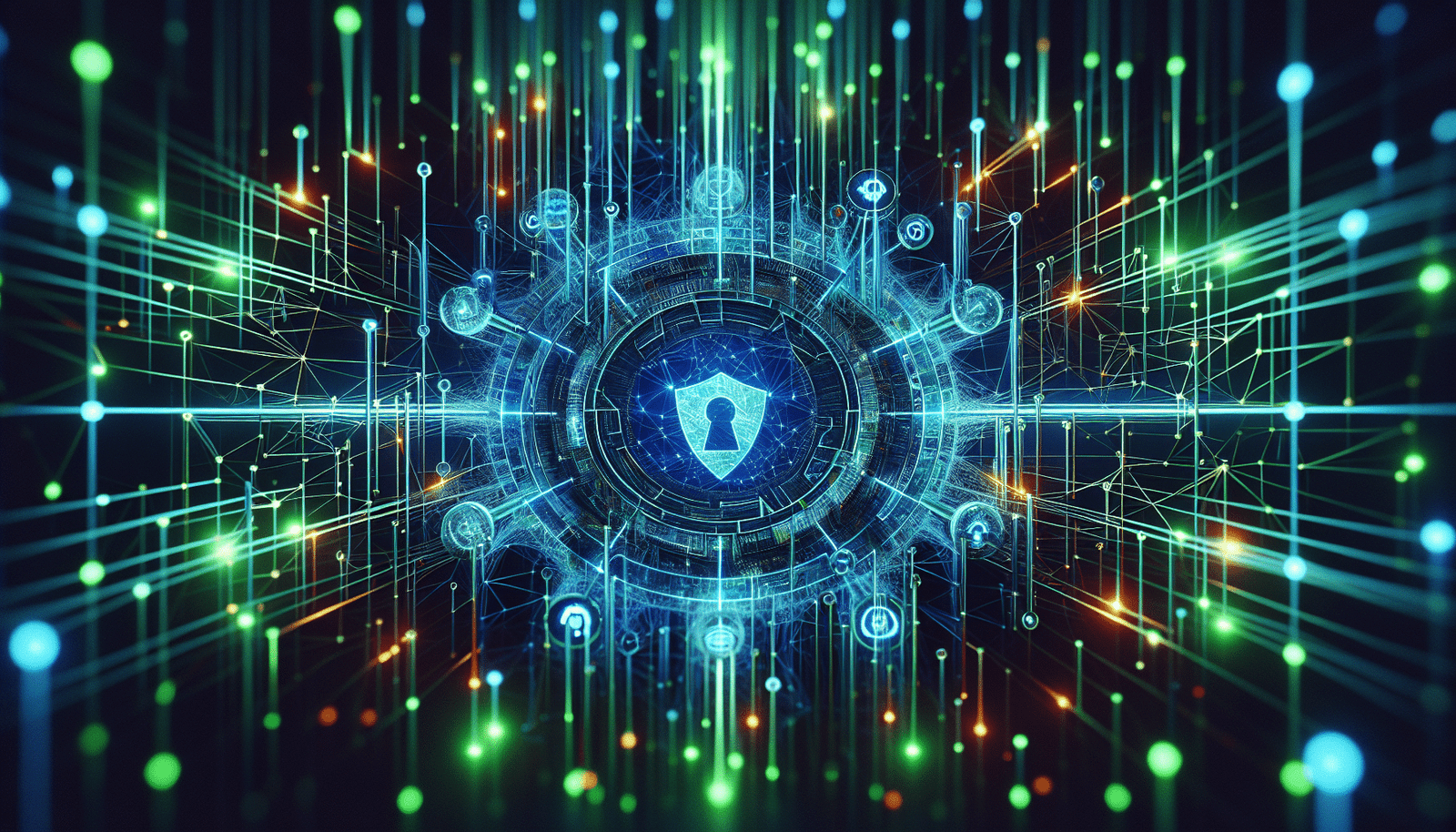 A network of interconnected glowing nodes, representing data streams, with a prominent DuckDuckGo logo at the center, acting as a privacy filter, showing blocked trackers and secure connections. Digital privacy concept, abstract, blue and green tones.