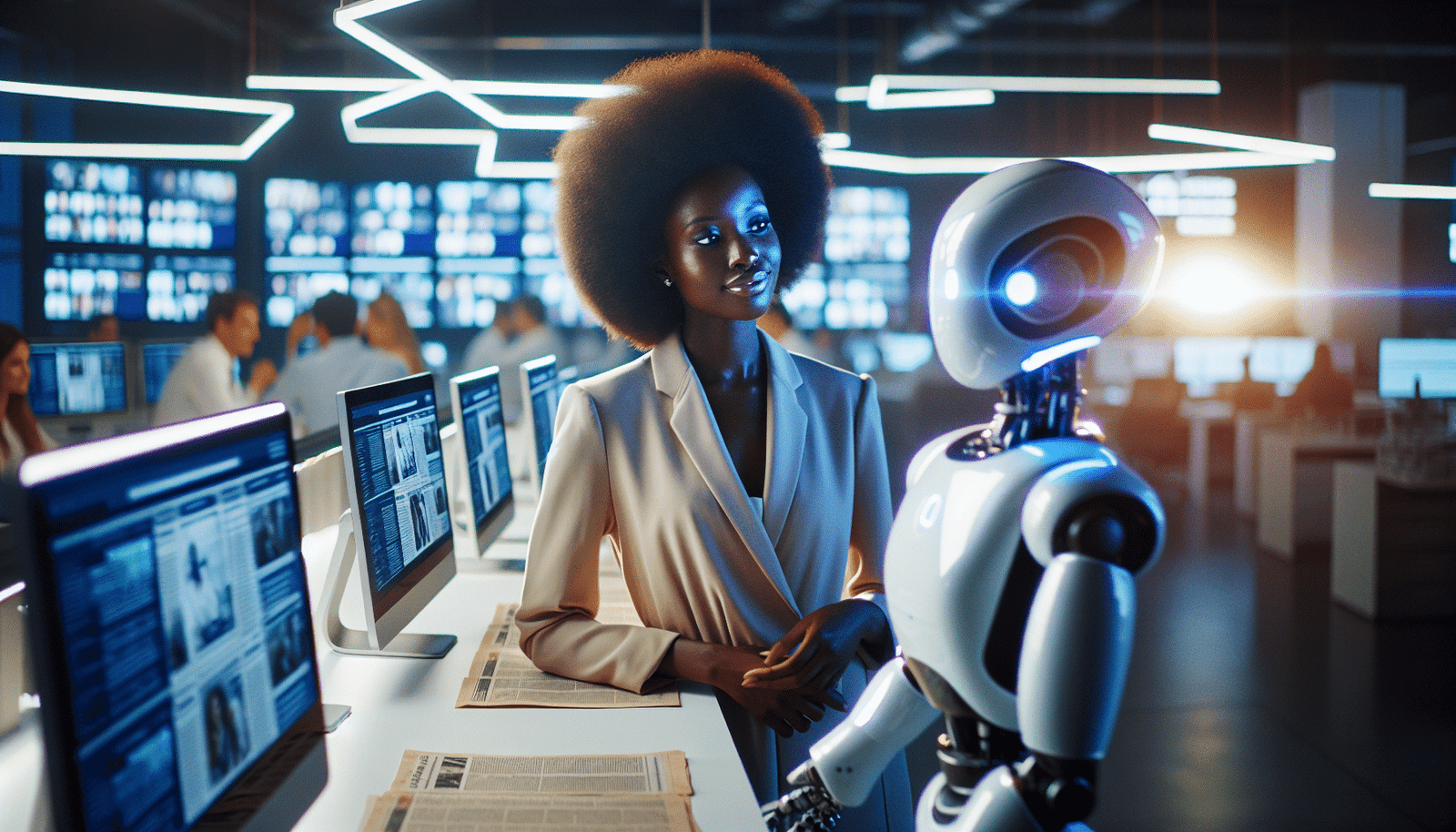 Un journaliste humain et un robot assistant travaillant côte à côte dans une rédaction moderne et lumineuse, entourés d'écrans affichant des articles. L'ambiance est collaborative et innovante, symbolisant la synergie entre l'humain et l'IA dans la création de valeur et d'emplois.