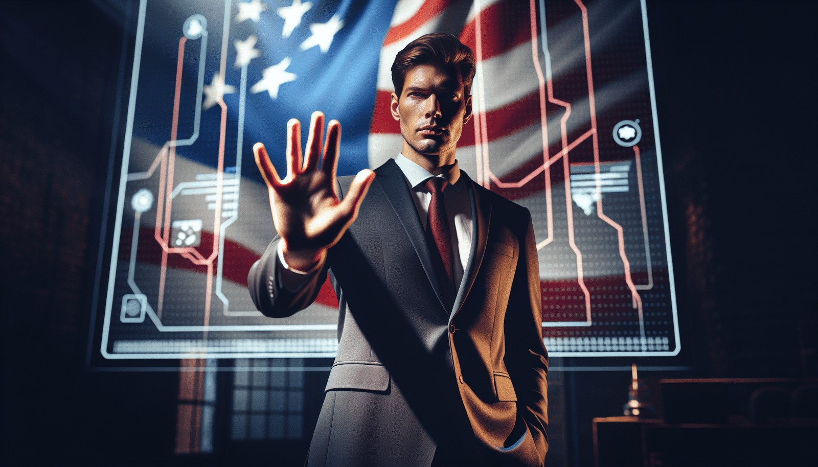 A professional, serious-looking man (representing Joel Kaplan) stands in front of a giant digital screen displaying the Meta logo and a blurred European Union flag. He is gesturing with a hand raised, as if indicating a barrier or refusal. The image should convey corporate assertiveness and disagreement with policy.
