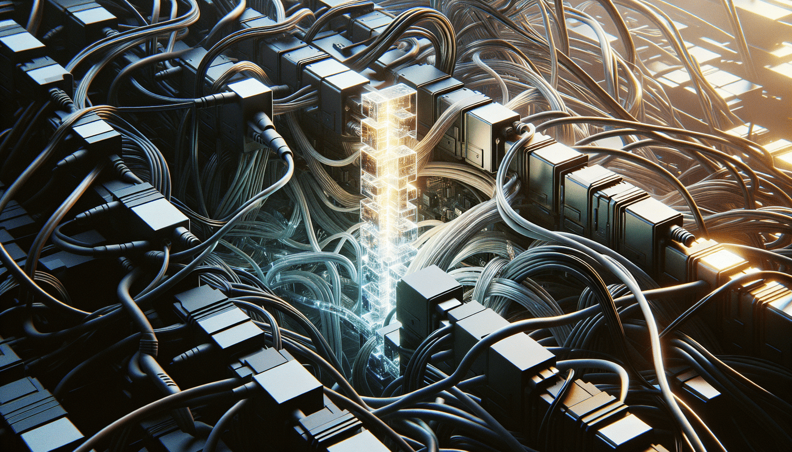 A tangled, messy pile of digital cables and corrupted data blocks, symbolizing poor data quality, contrasted with a single, glowing, pristine data stream flowing smoothly, representing good data. Focus on intricate details and clear distinction.