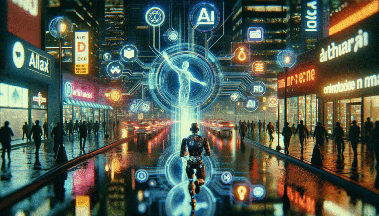 Visualisation abstraite de milliards de dollars sous forme de données numériques fluides se déversant d'un logo Amazon vers un logo Anthropic, avec des éclairs d'IA et une ambiance futuriste de haute technologie. Style néon et cybernétique, symbolisant un transfert de puissance et d'innovation.