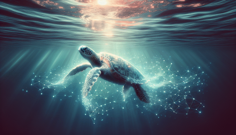 Une tortue marine majestueuse nage dans un océan cristallin, entourée d'une aura numérique subtile de points de données lumineux et de lignes connectées, symbolisant l'IA. L'image dégage une atmosphère de sérénité et d'espoir technologique au service de la nature.