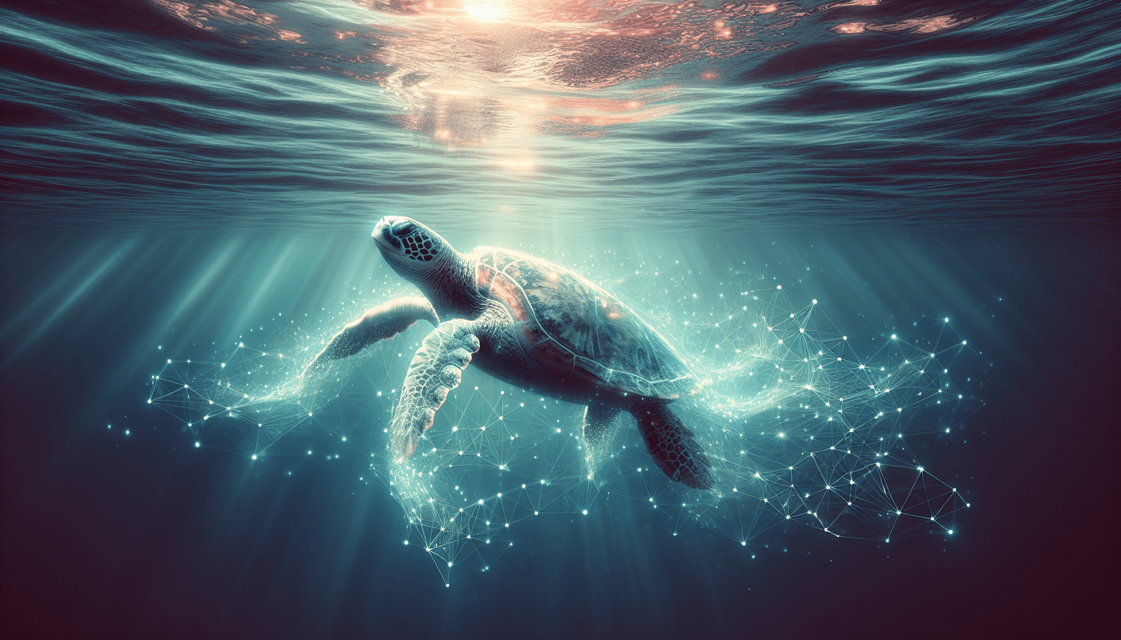 Une tortue marine majestueuse nage dans un océan cristallin, entourée d'une aura numérique subtile de points de données lumineux et de lignes connectées, symbolisant l'IA. L'image dégage une atmosphère de sérénité et d'espoir technologique au service de la nature.