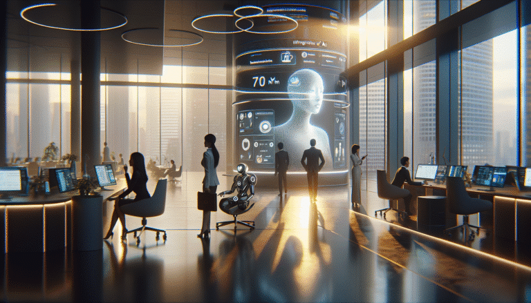 A futuristic, sleek office environment with holographic interfaces and subtle AI robots assisting humans. The atmosphere is innovative and slightly ethereal, symbolizing the integration of AI into professional life. Focus on soft, glowing lights and a sense of calm efficiency, 8k, photorealistic, cinematic lighting.