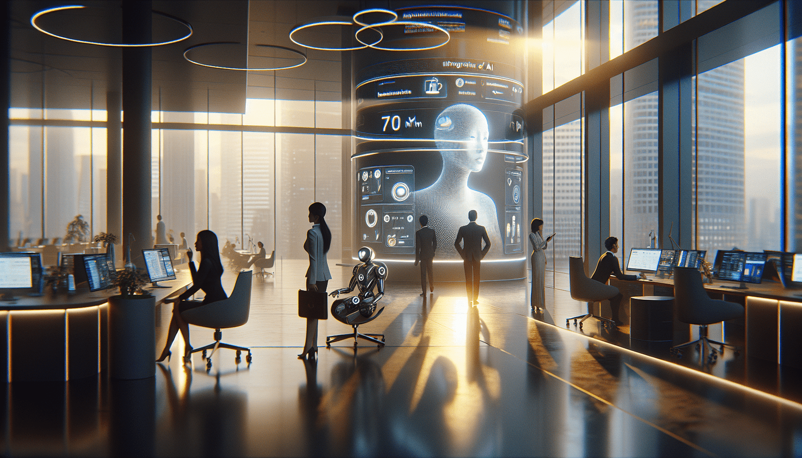 A futuristic, sleek office environment with holographic interfaces and subtle AI robots assisting humans. The atmosphere is innovative and slightly ethereal, symbolizing the integration of AI into professional life. Focus on soft, glowing lights and a sense of calm efficiency, 8k, photorealistic, cinematic lighting.