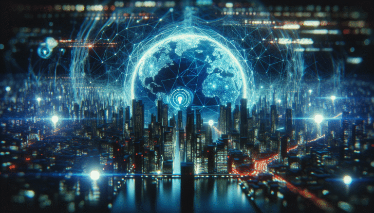 Un réseau numérique abstrait protégeant une ville futuriste, avec des lumières bleues symbolisant l'IA et la sécurité, reflétant une atmosphère de défense cybernétique avancée. Style science-fiction, haute technologie, couleurs vibrantes.